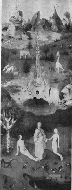 Hieronimus Bosch: La ĝardeno de la Voluptoj. La kreo de Eva (Muzeo del Prado, Madrid)